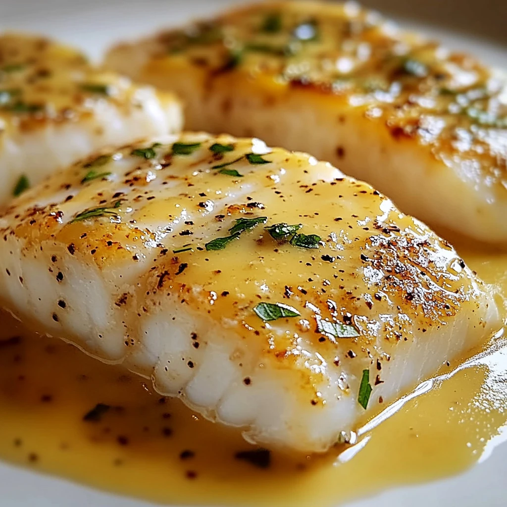Oven-baked cod fillet topped with creamy mustard and lemon sauce, garnished with parsley