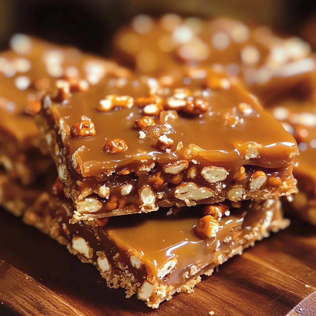Close-up of no-bake caramel pretzel crack bars broken into pieces