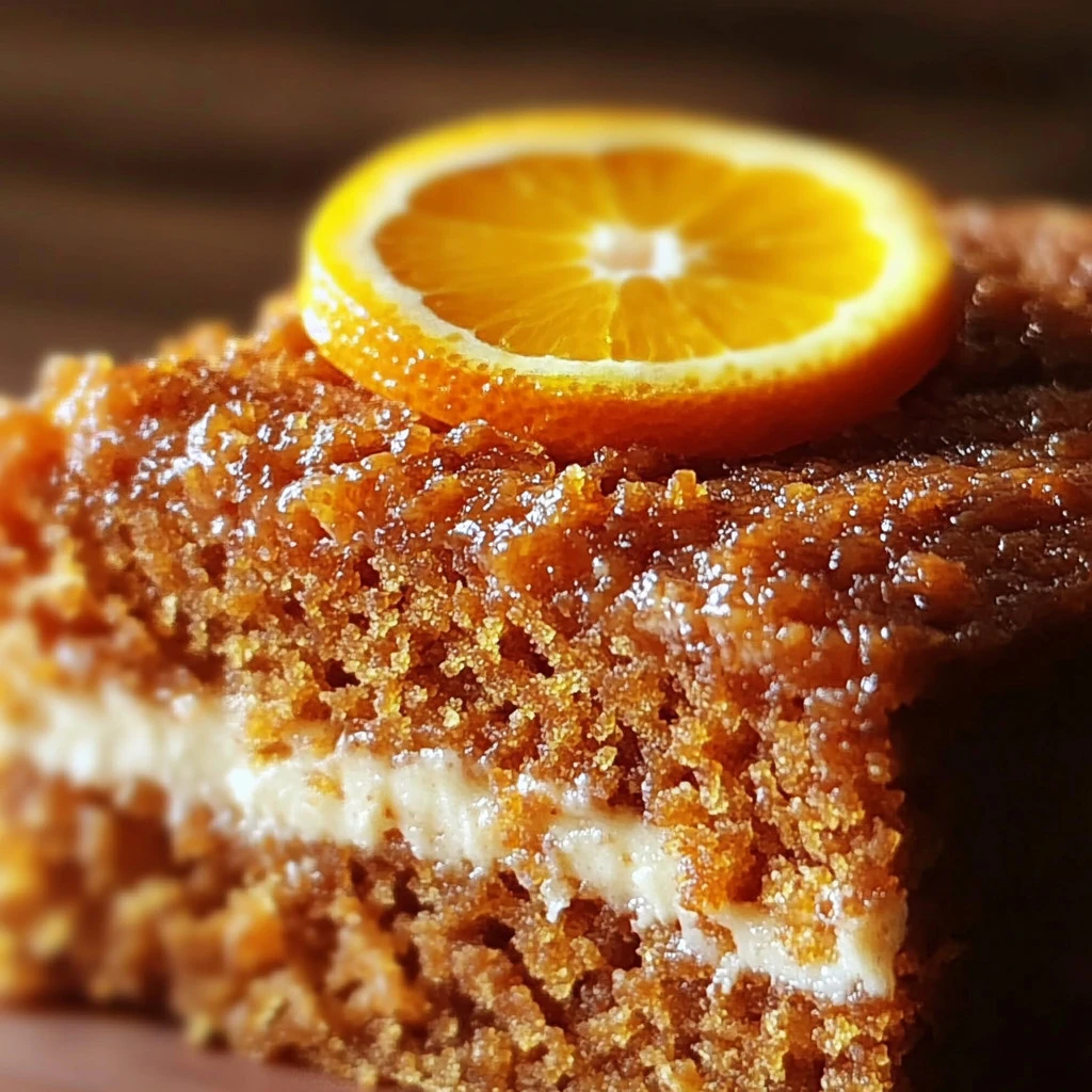 Slice of carrot and orange cake with a vibrant orange glaze and carrot garnish