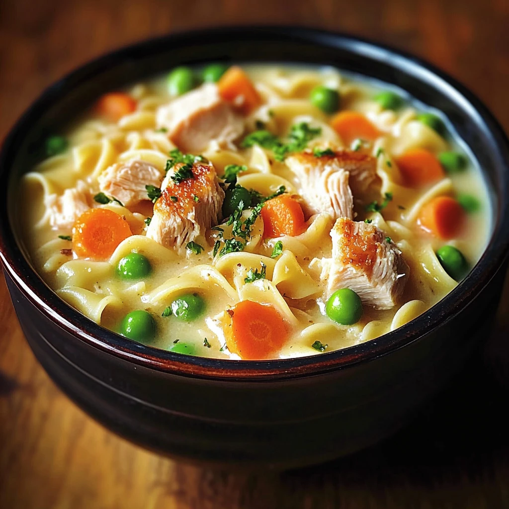 Creamy chicken pot pie noodle skillet with peas, carrots, and egg noodles in a cast iron pan