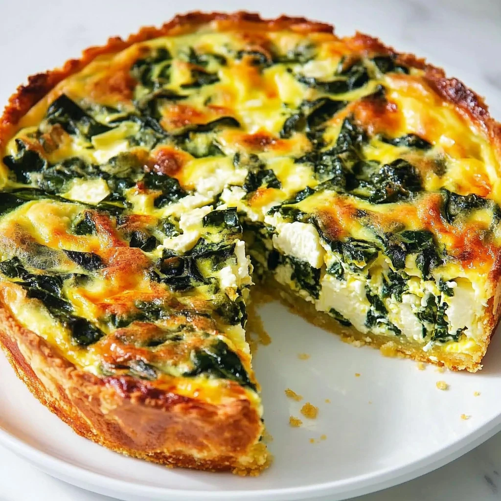 Slice of crustless spinach and cottage cheese quiche served on a plate