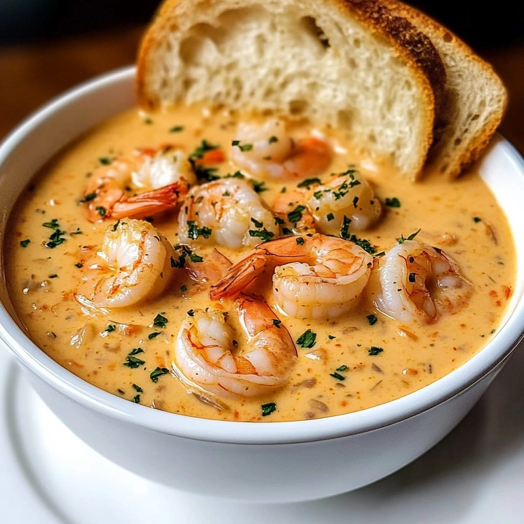 Bowl of creamy seafood bisque garnished with herbs and chunks of crab and shrimp