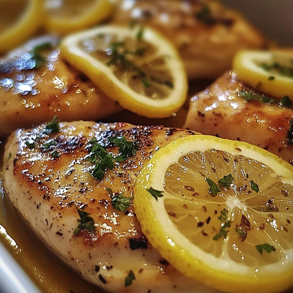 Golden-browned chicken breasts garnished with lemon slices and herbs