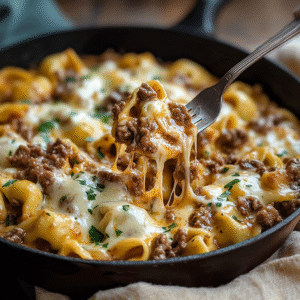 Forkful of tortellini and beef dripping with creamy provolone sauce