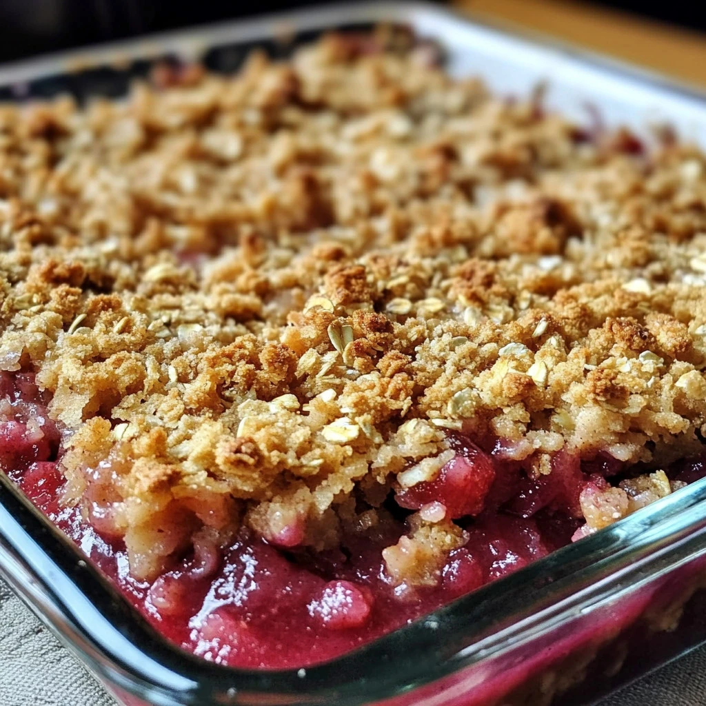 Bowl of rhubarb crisp topped with oats and served with melting vanilla ice cream