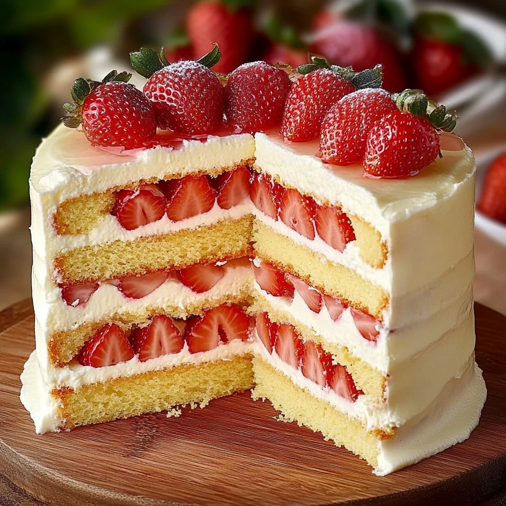 Elegant strawberry cake layered with fresh strawberries and a creamy vanilla frosting