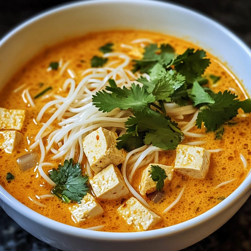 Steaming hot Thai noodle soup with chicken, creamy coconut milk, and lime garnish