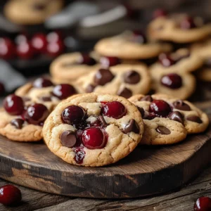 Close-up of chewy cookies with chocolate chips and chopped maraschino cherries