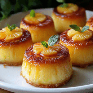 Golden mini cakes with caramelized pineapple slices and creamy mascarpone swirls