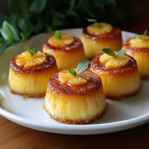 Small pineapple upside-down cakes topped with caramelized pineapple rings and creamy mascarpone