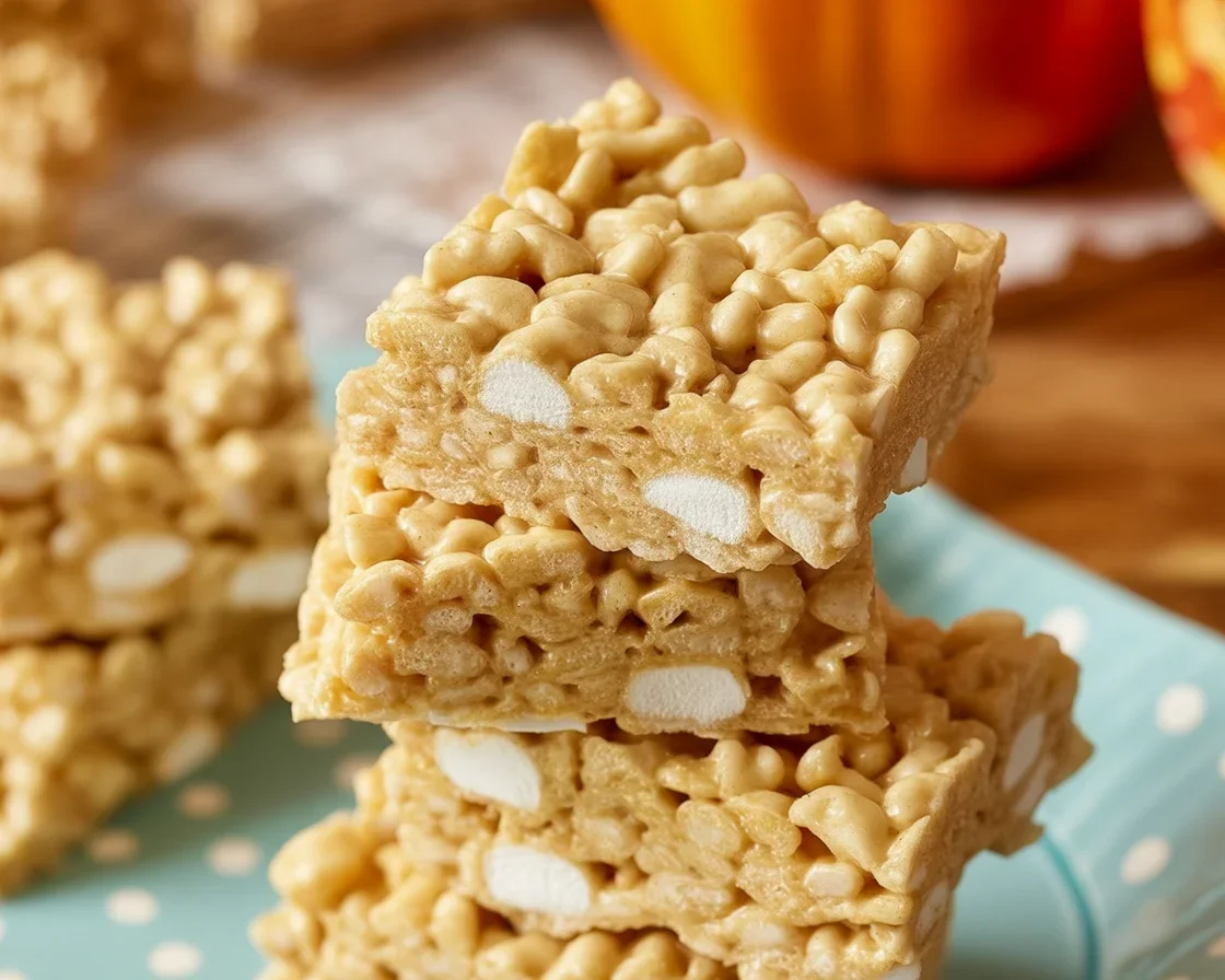 Pumpkin Pie Spice Rice Krispie Treats stacked on a plate for a festive dessert.