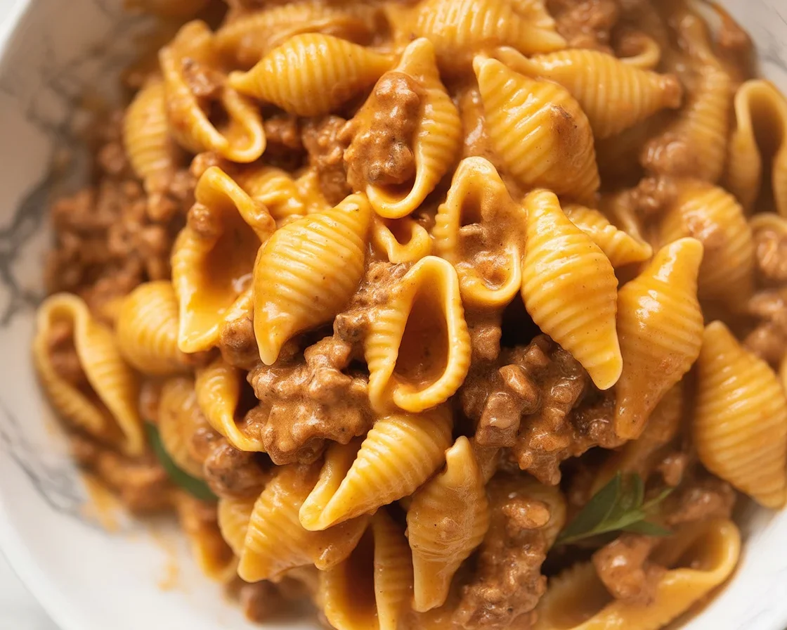 Creamy pasta shells with ground beef and rich tomato sauce in a skillet.