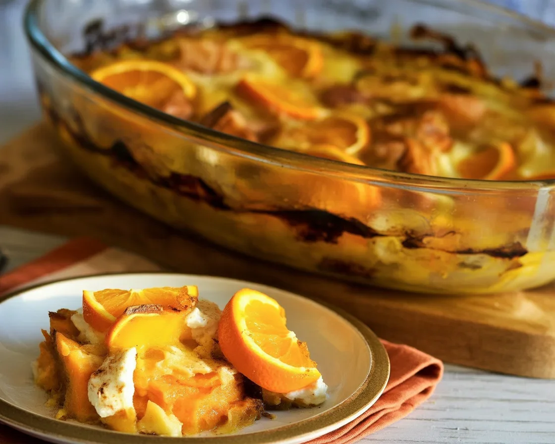 Creamy Sweet Potato and Fresh Goat Cheese Gratin topped with herbs in a casserole dish.