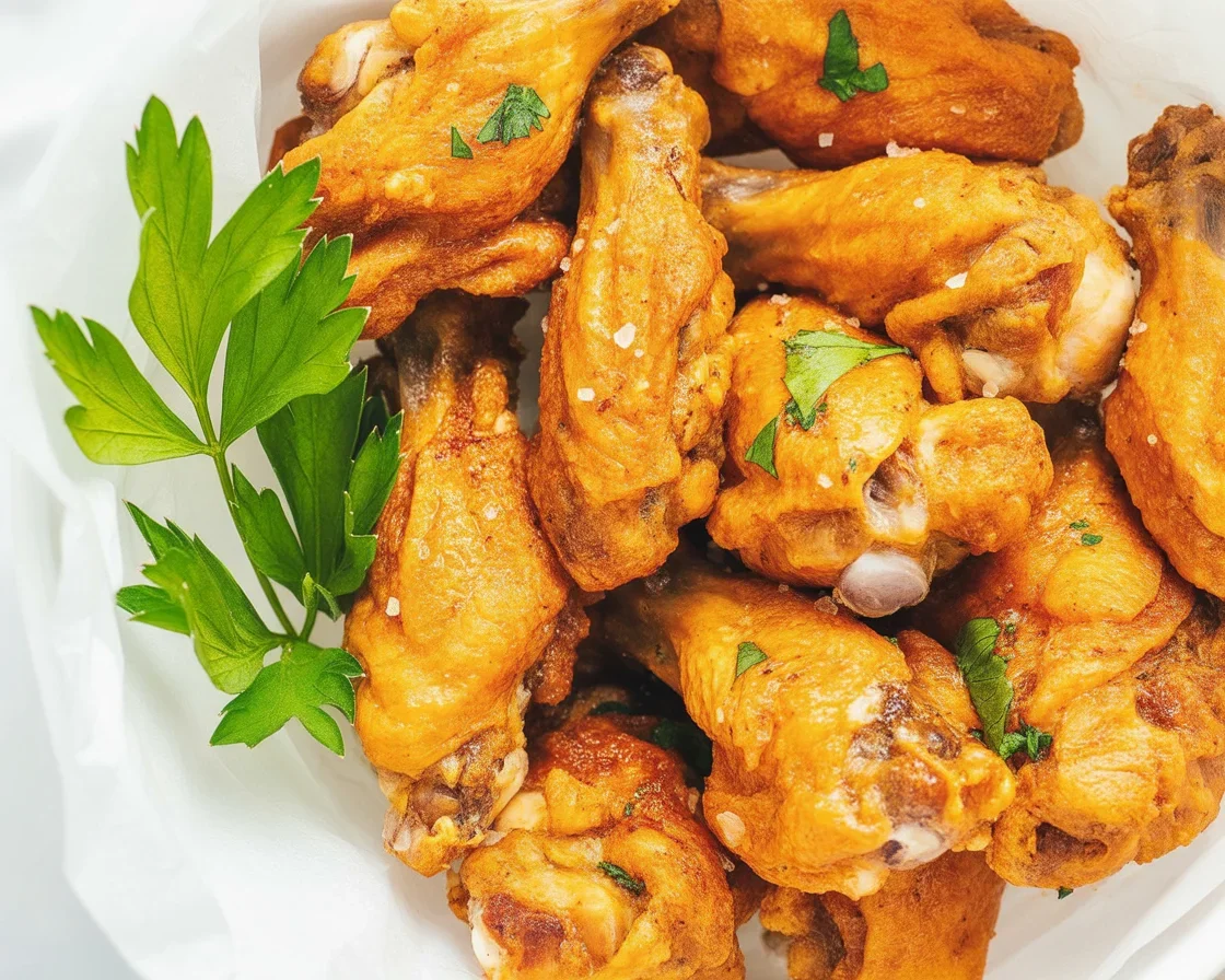 Crispy keto air fryer chicken wings topped with seasoning, perfect for low-carb diets.