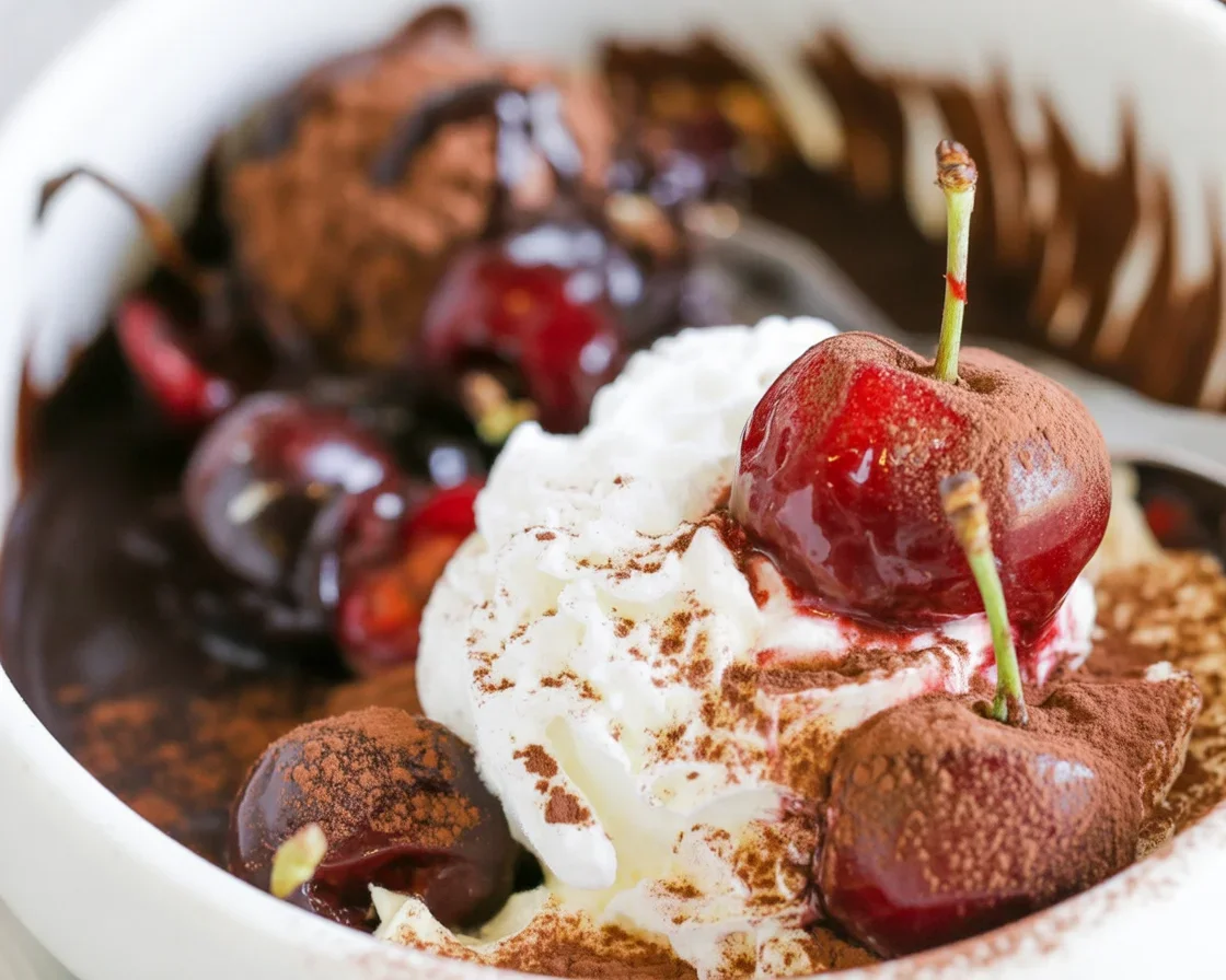 Delicious Black Forest Mug Cake with chocolate batter and cherries on top.