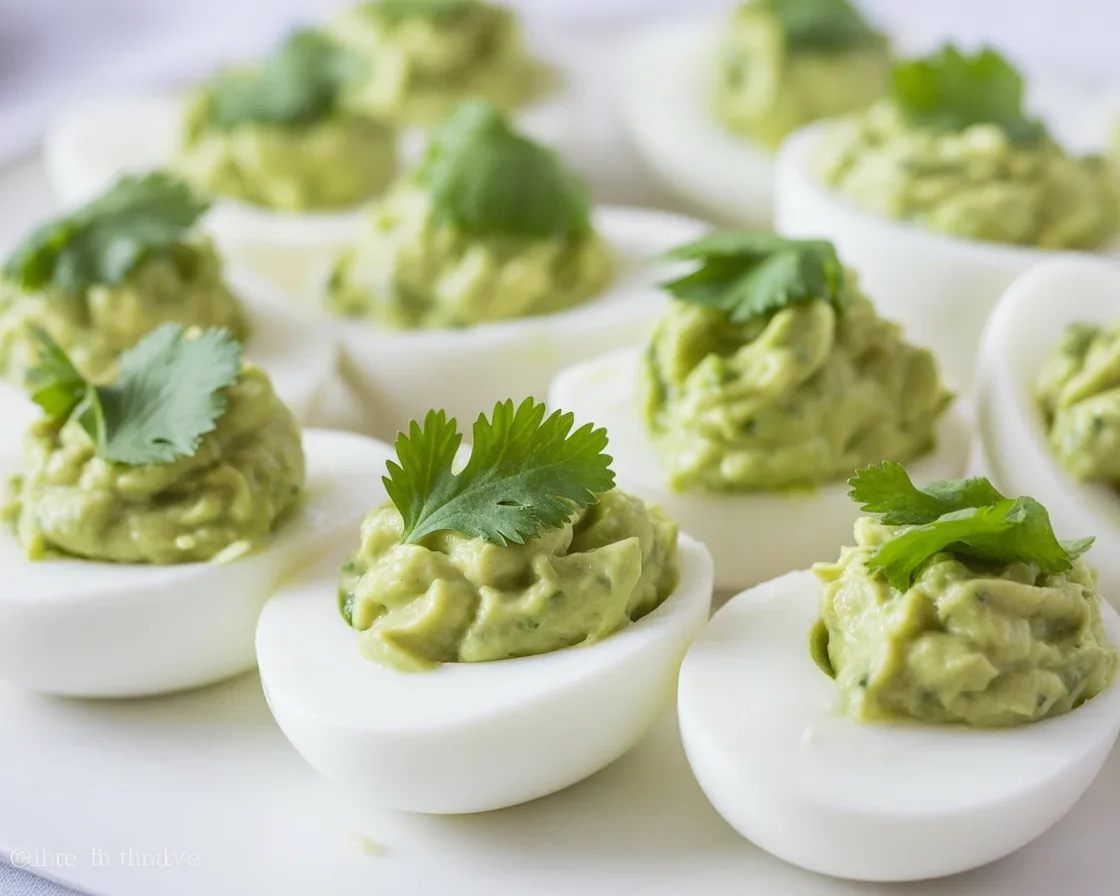 Avocado Deviled Eggs with a creamy avocado filling, garnished for flavor.