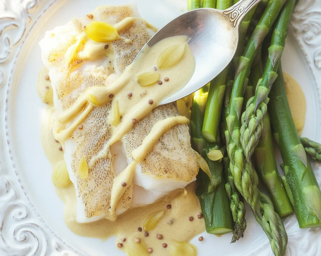 Baked Cod with Mustard and Lemon Cream served on a plate