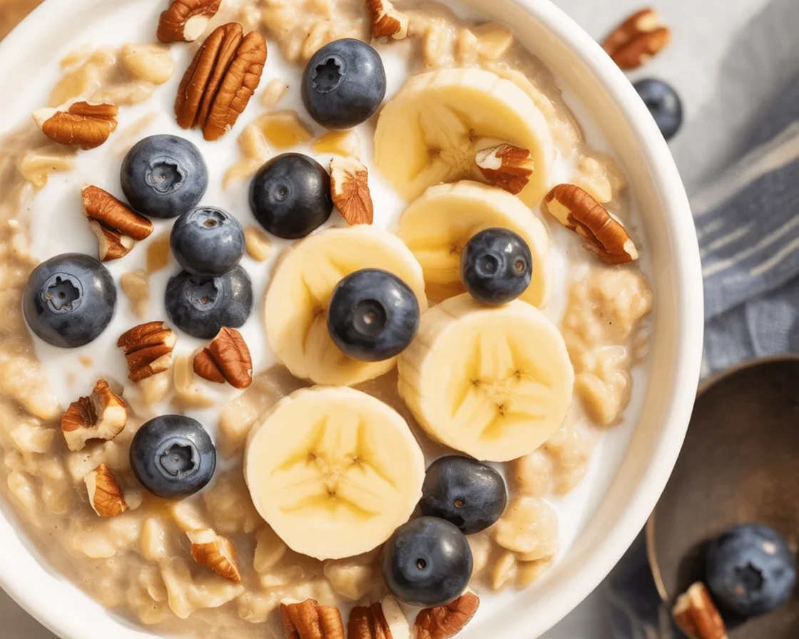 Creamy Instant Pot steel cut oats topped with fresh fruits and nuts.