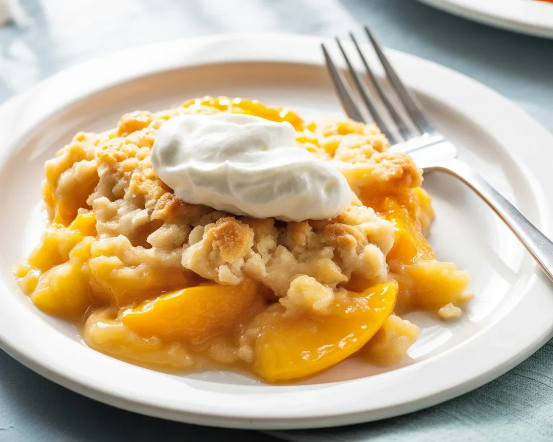 Delicious Peach Cobbler Dump Cake topped with a buttery, cinnamon-infused crust.