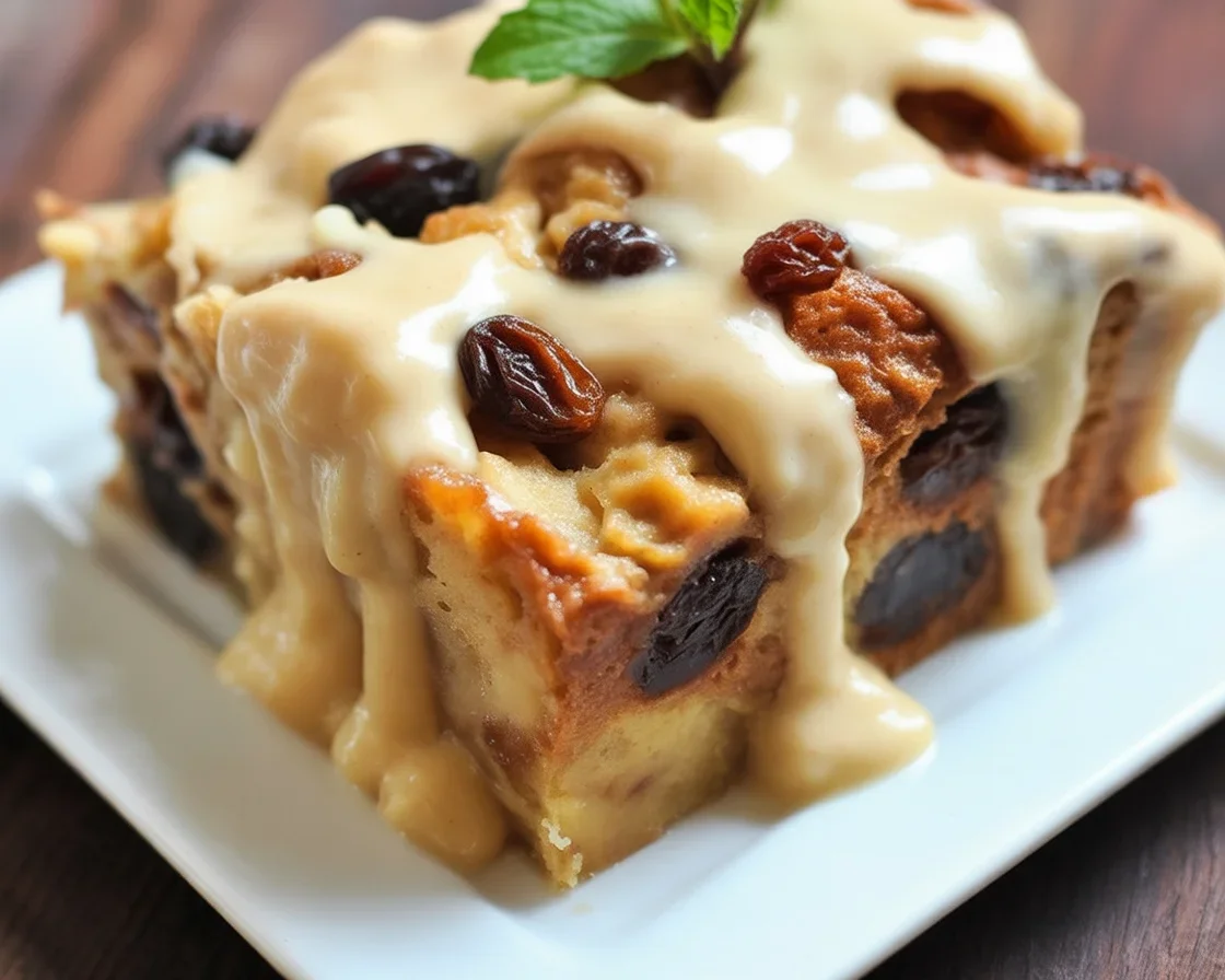 Delicious Old-Fashioned Bread Pudding topped with creamy Vanilla Sauce.