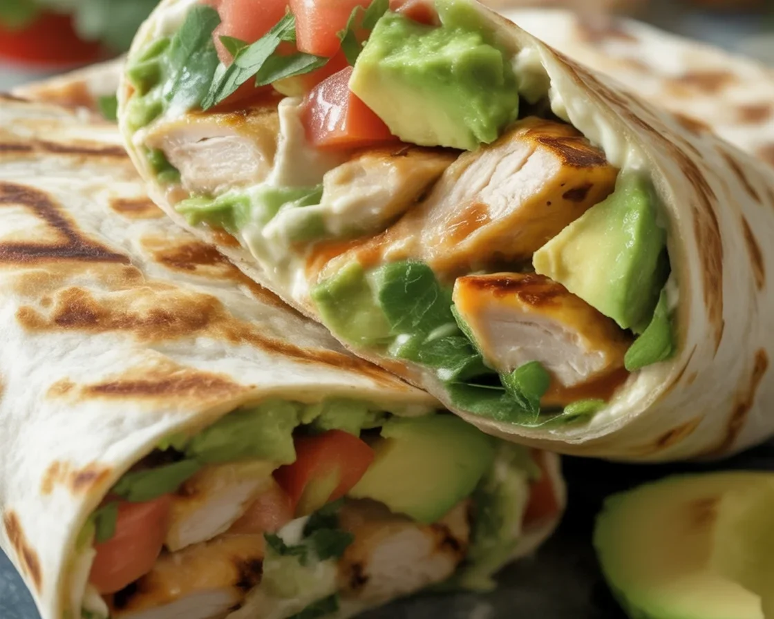 Delicious Chicken Avocado Ranch Burritos wrapped in flour tortillas with fresh ingredients.