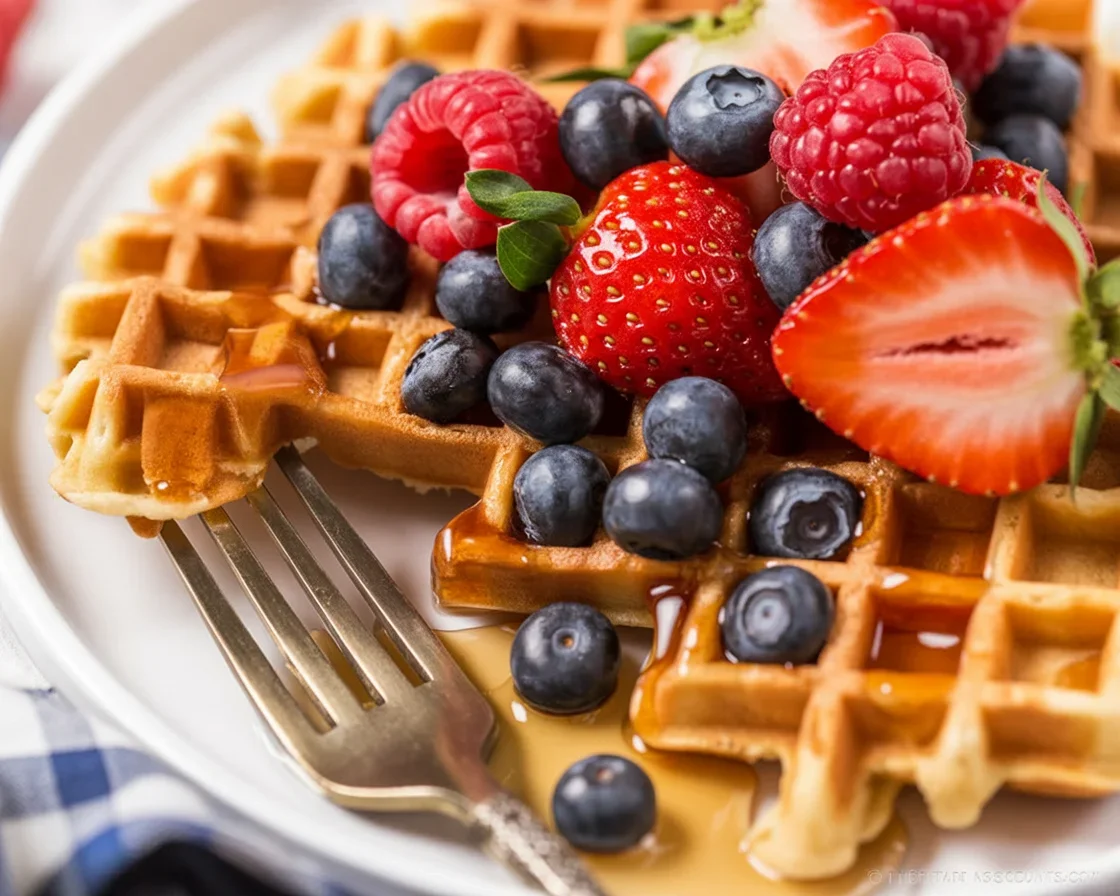 Fluffy Greek yogurt waffles stacked and drizzled with honey