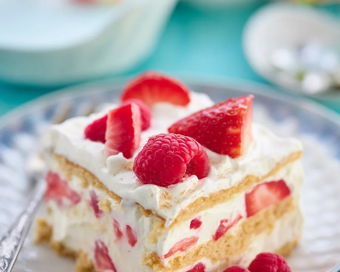 Irresistible Strawberry Cream Cheese Icebox Cake with layers of strawberries and cream cheese.
