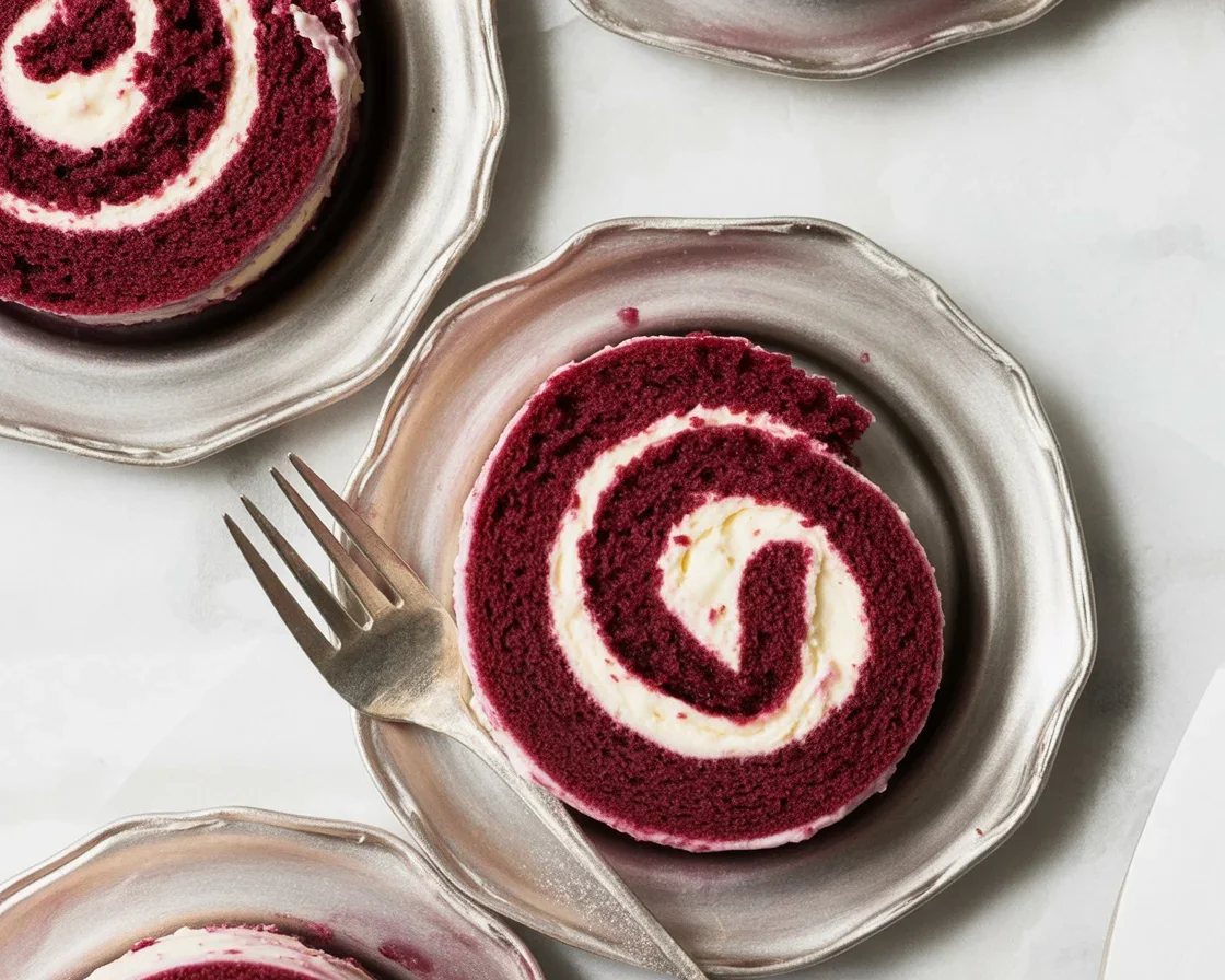 A delicious Purple Velvet Cake Roll filled with cream cheese frosting.