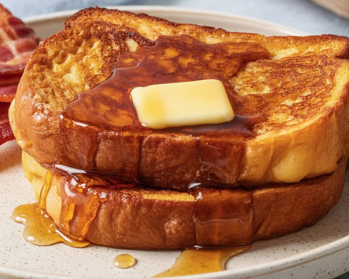 Delicious French toast made from eggs, milk, and cinnamon, served on a plate.
