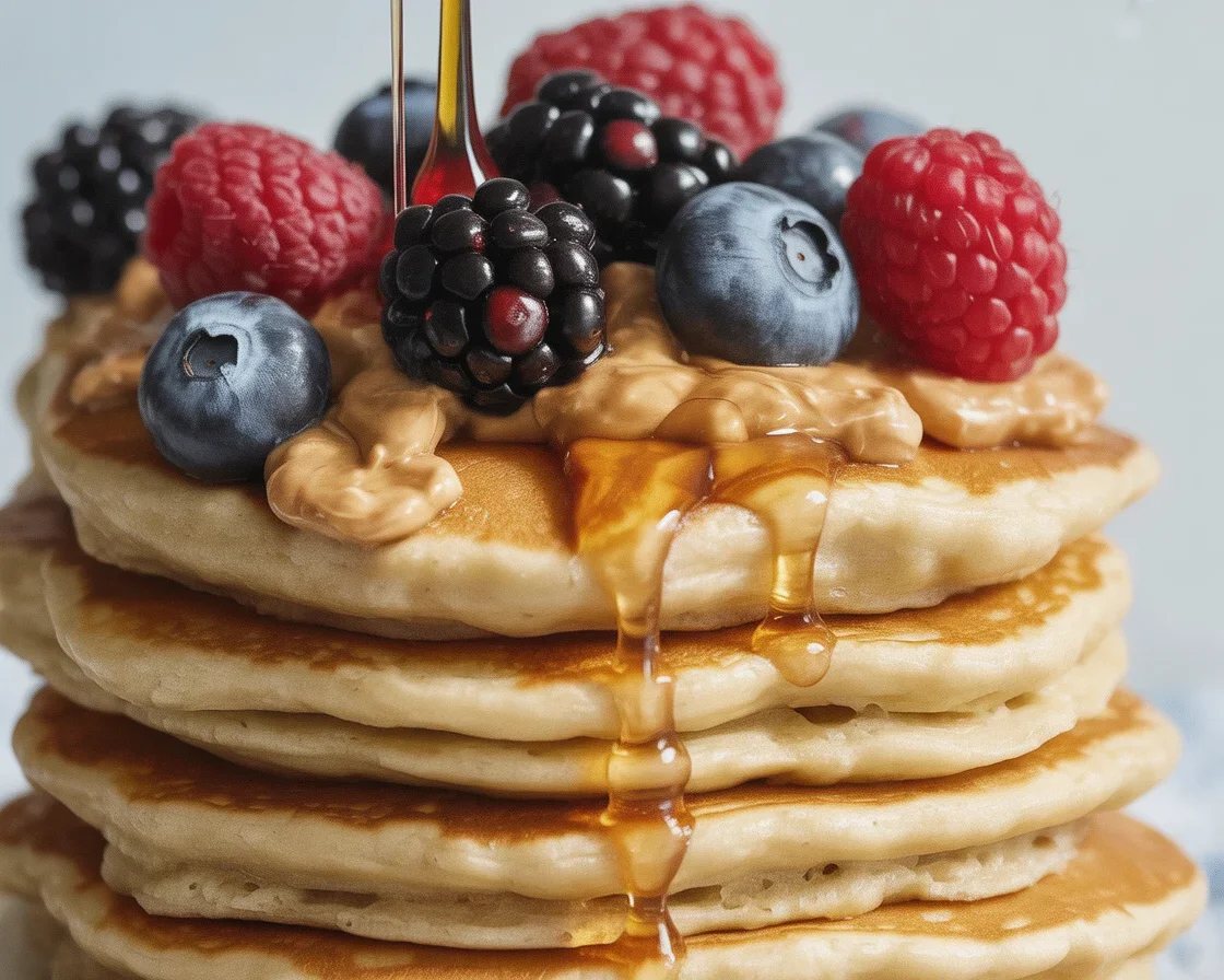 Fluffy cottage cheese banana pancakes topped with fresh berries.