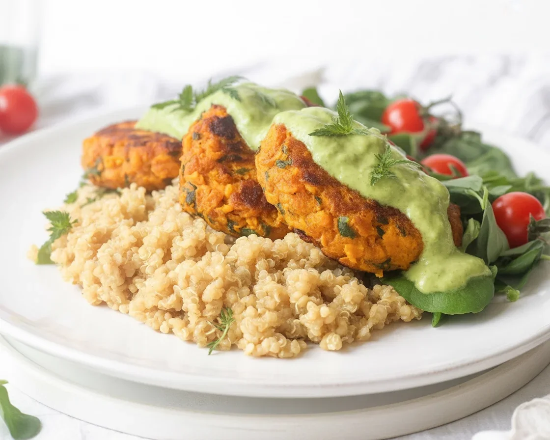 Crispy sweet potato patties with red lentils and creamy avocado cilantro sauce on a plate.