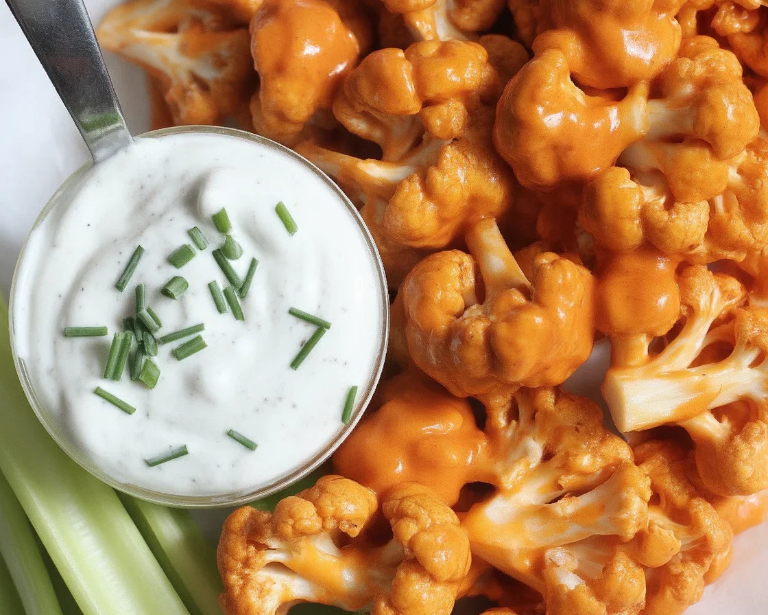 Baked buffalo cauliflower bites served with ranch dipping sauce on a plate.
