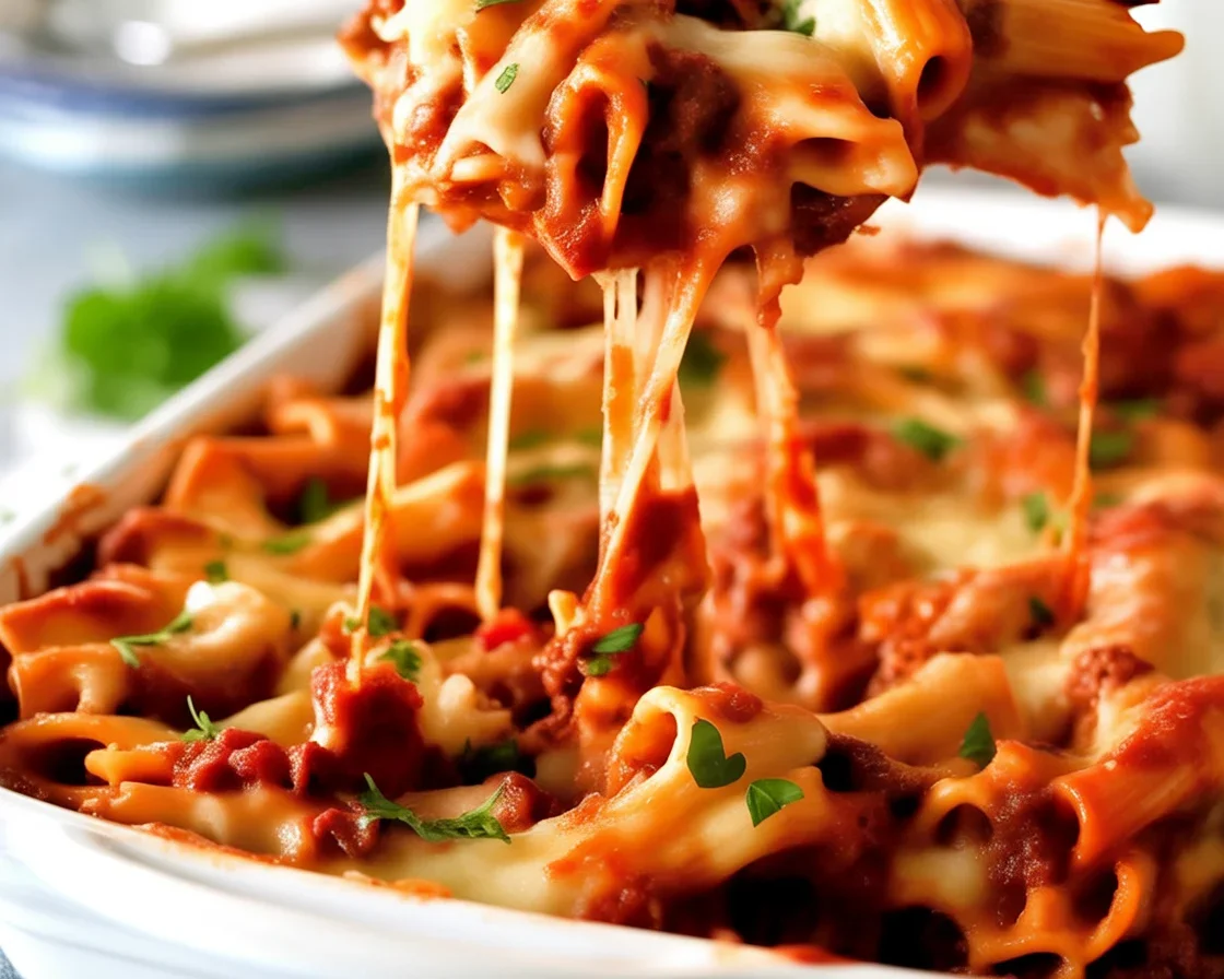 Ultimate Baked Ziti with meaty sauce and melty cheese in a cozy casserole dish.