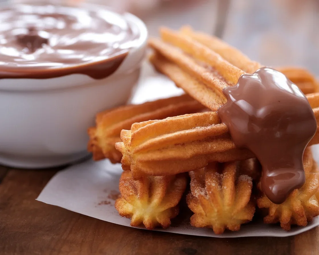 Golden brown homemade baked churros dusted with cinnamon sugar on a plate.