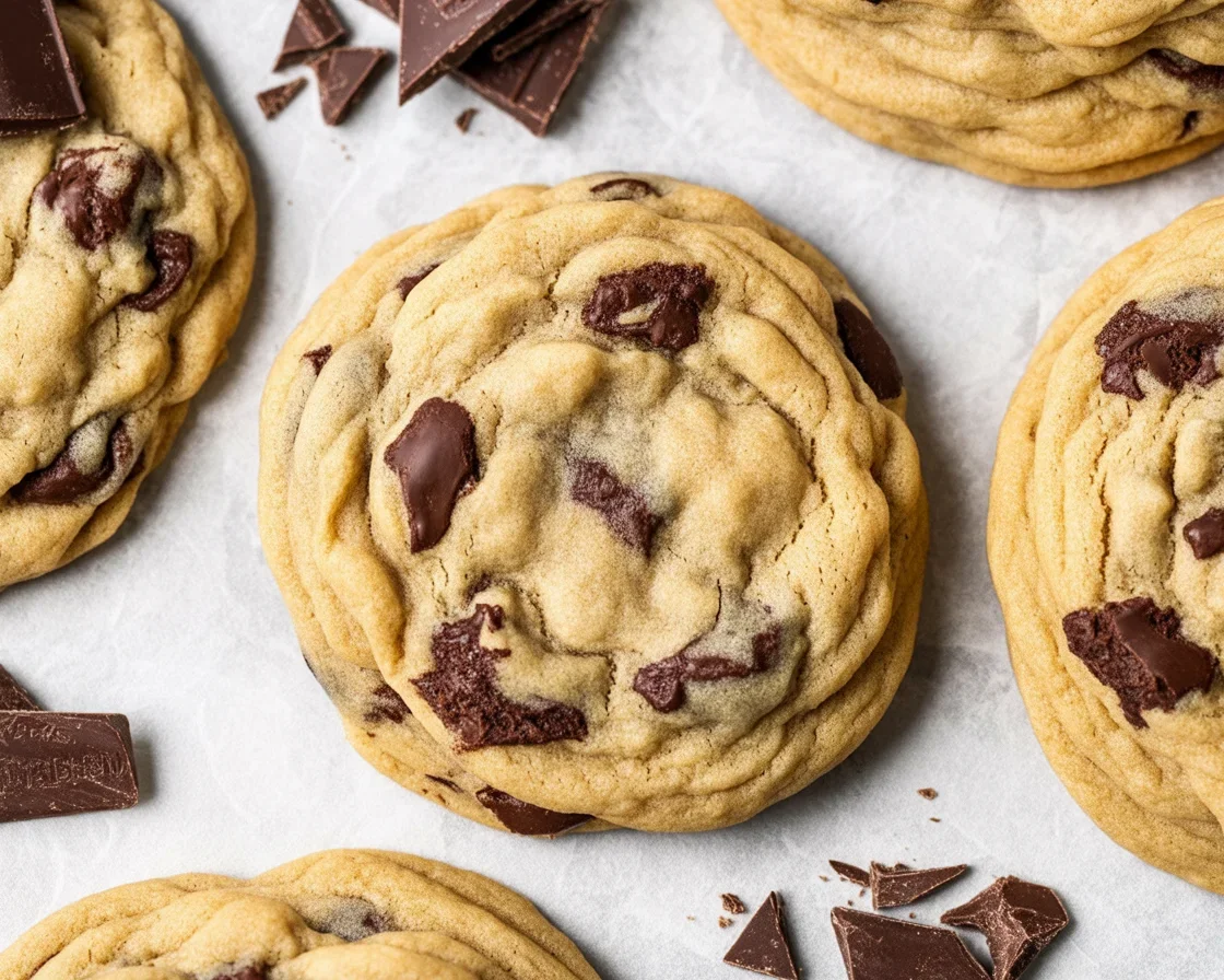 Delicious homemade chocolate chip cookies with thick dough and chocolate chunks.