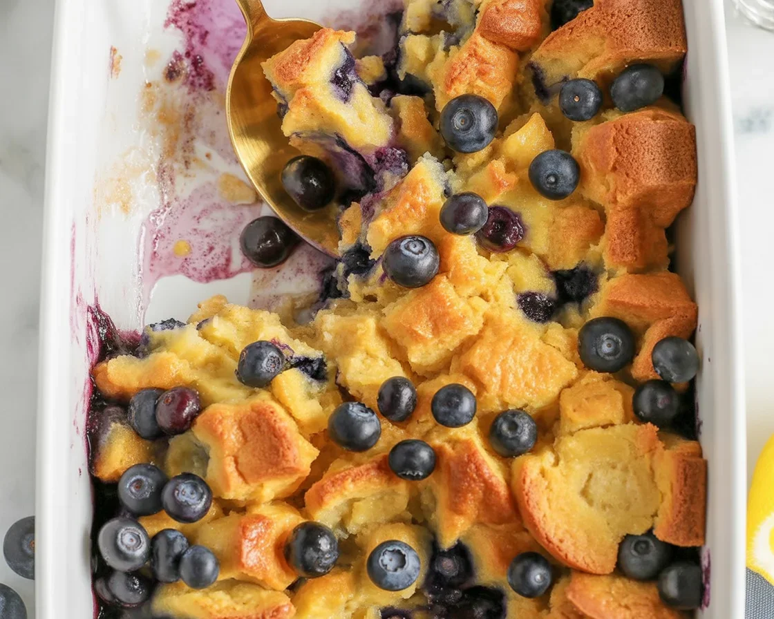 Delicious Lemon Blueberry Bread Pudding topped with fresh blueberries and lemon zest.