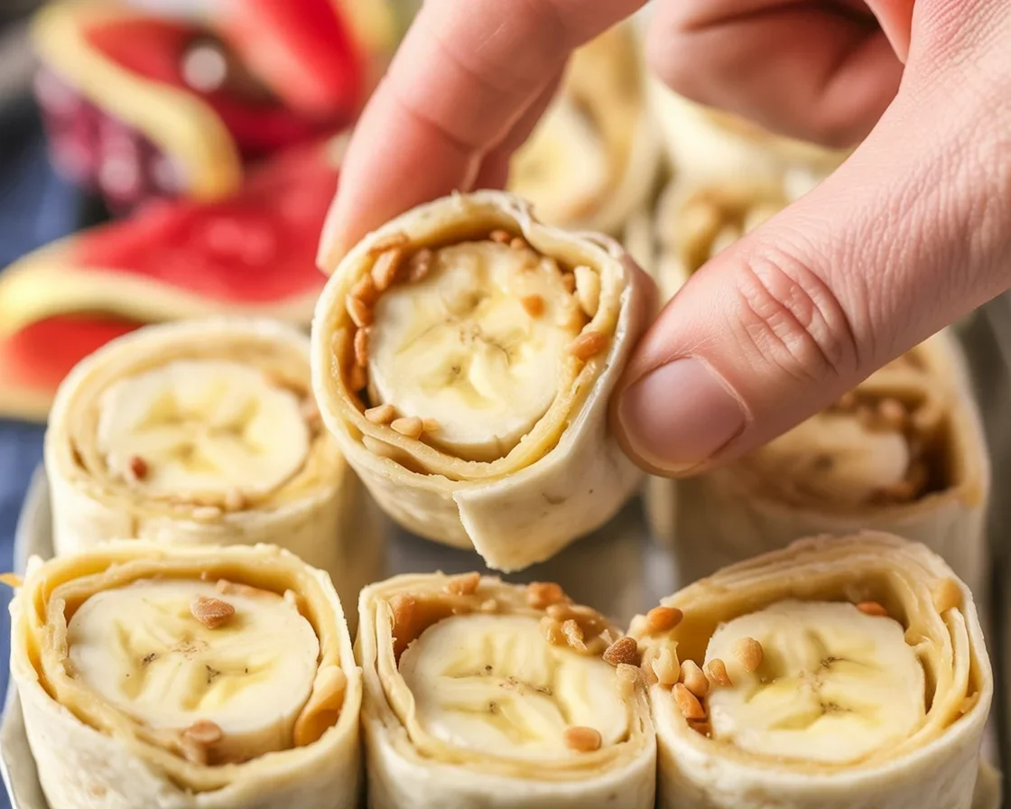 Peanut butter banana roll-ups made with tortillas, peanut butter, and ripe bananas.