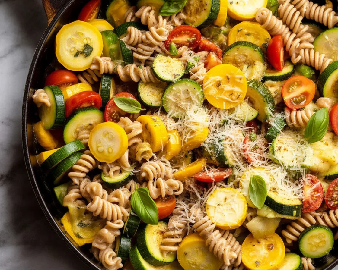 Healthy pasta with tomatoes and zucchini served in a bowl