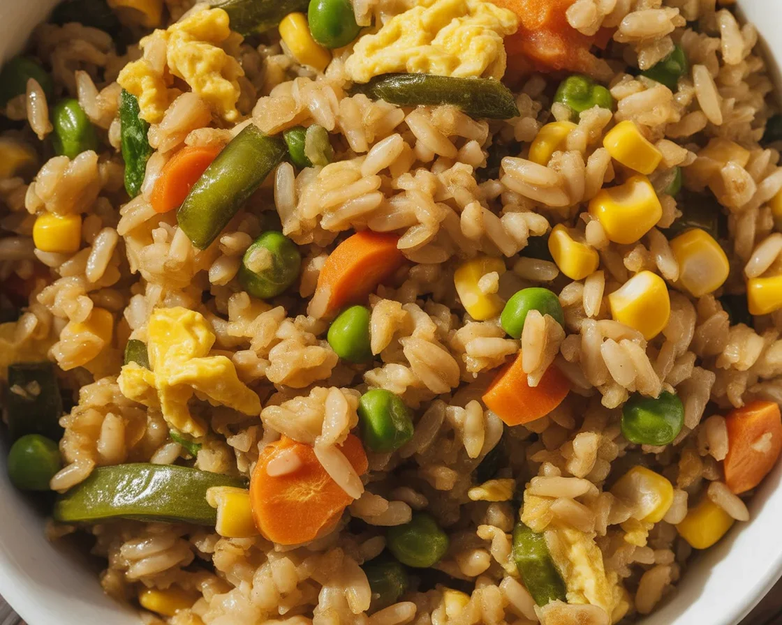 Delicious egg fried rice with frozen vegetables served in a bowl.