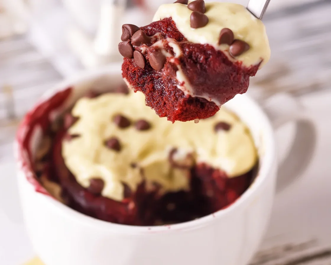 Delicious red velvet mug cake topped with cream cheese frosting in a microwave-safe mug.