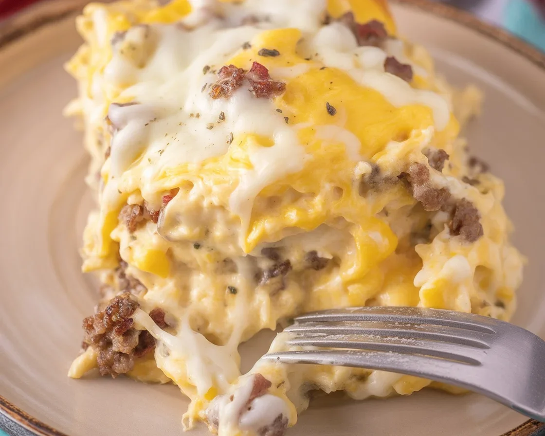 Sausage gravy biscuit casserole with melted cheese, ready to serve for brunch.