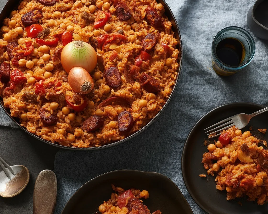 One pot Rice with Chorizo and Tomatoes dish ready to serve