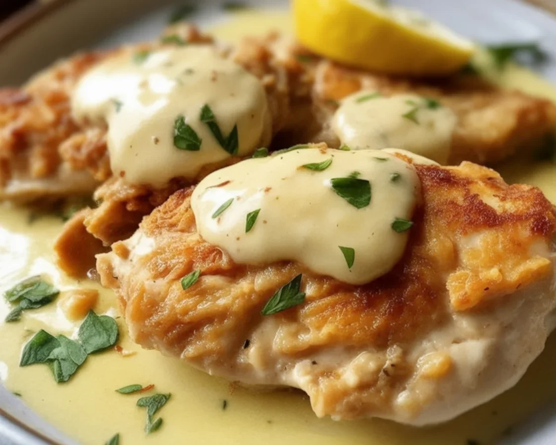 Lemon Pecorino Crusted Chicken with Creamy Lemon Sauce dish plated beautifully.
