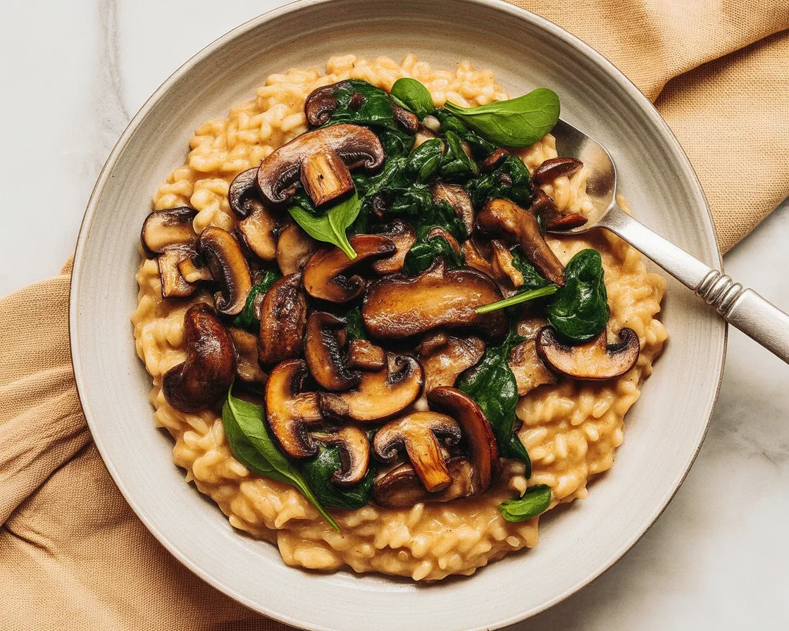 Savory oatmeal with mushrooms, spinach, and green onions in a bowl.