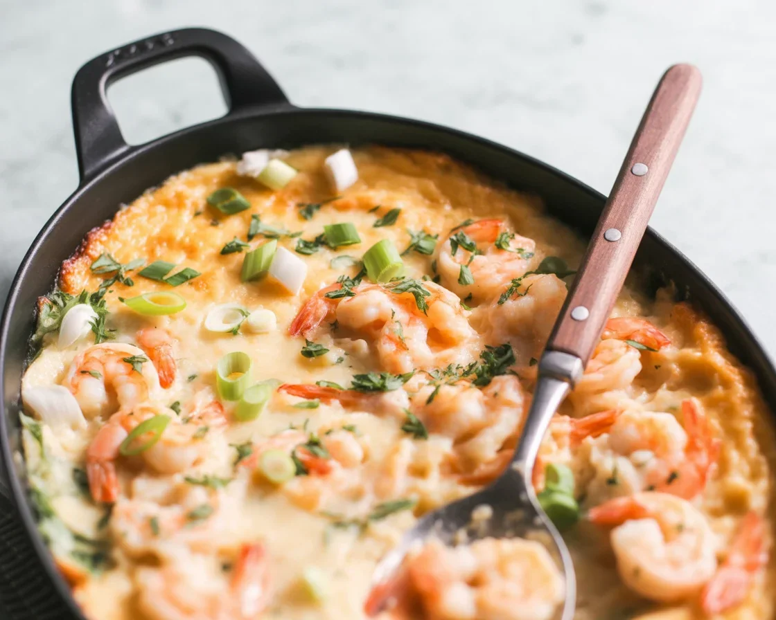 Baked Shrimp and Grits Casserole with cheese and shrimp, served in a casserole dish.
