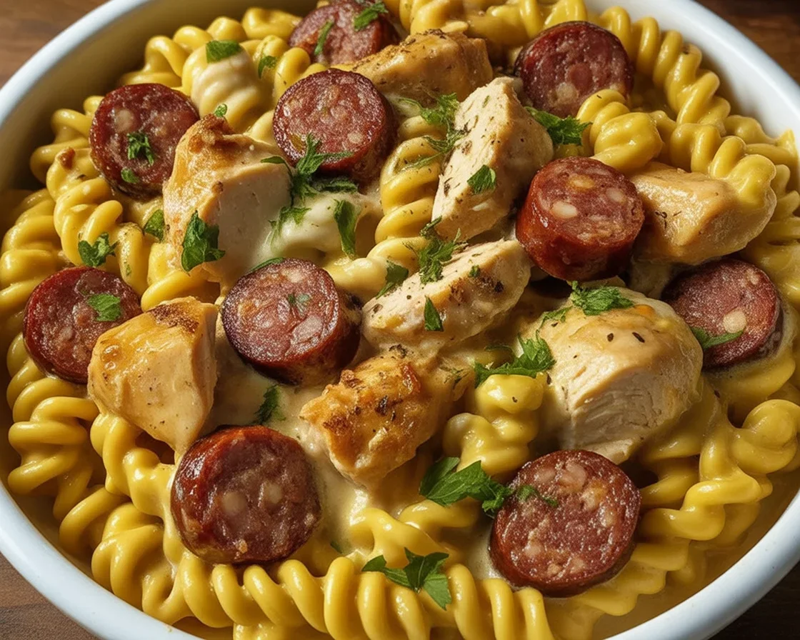 Delicious Smoky Cheddar Ranch Blend pasta dish with chicken and sausage.